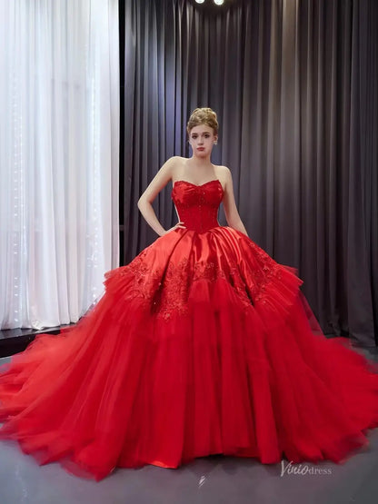 Red Strapless Quinceanera Dress with Lace Corset Bodice and Layered Tulle Skirt – Style 251014-Quinceanera Dresses 2026-Viniodress-Red-Custom Size-