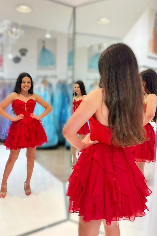 Red Strapless Ruffle Homecoming Dress with Sweetheart Neckline, Bow Detail & Layered Skirt – H1173-Homecoming Dresses 2025 -Viniodress-Red-Custom Size-