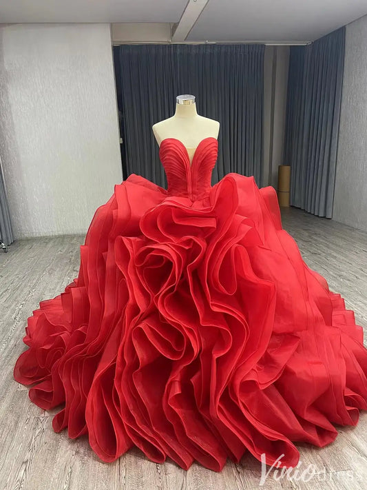 Red Strapless Ruffle Quinceañera Ball Gown with Corset Back 241074-Quinceanera Dresses 2025 -Viniodress-Red-Custom Size-