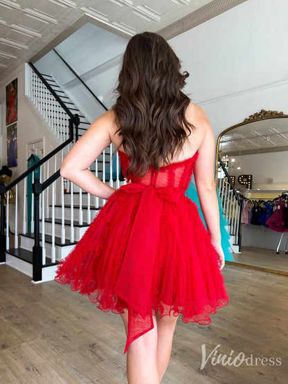 Red Strapless Ruffled Tulle Corset Homecoming Dress with Bow Back – Style SD1706-prom dresses 2025 -Viniodress-Red-Custom Size-