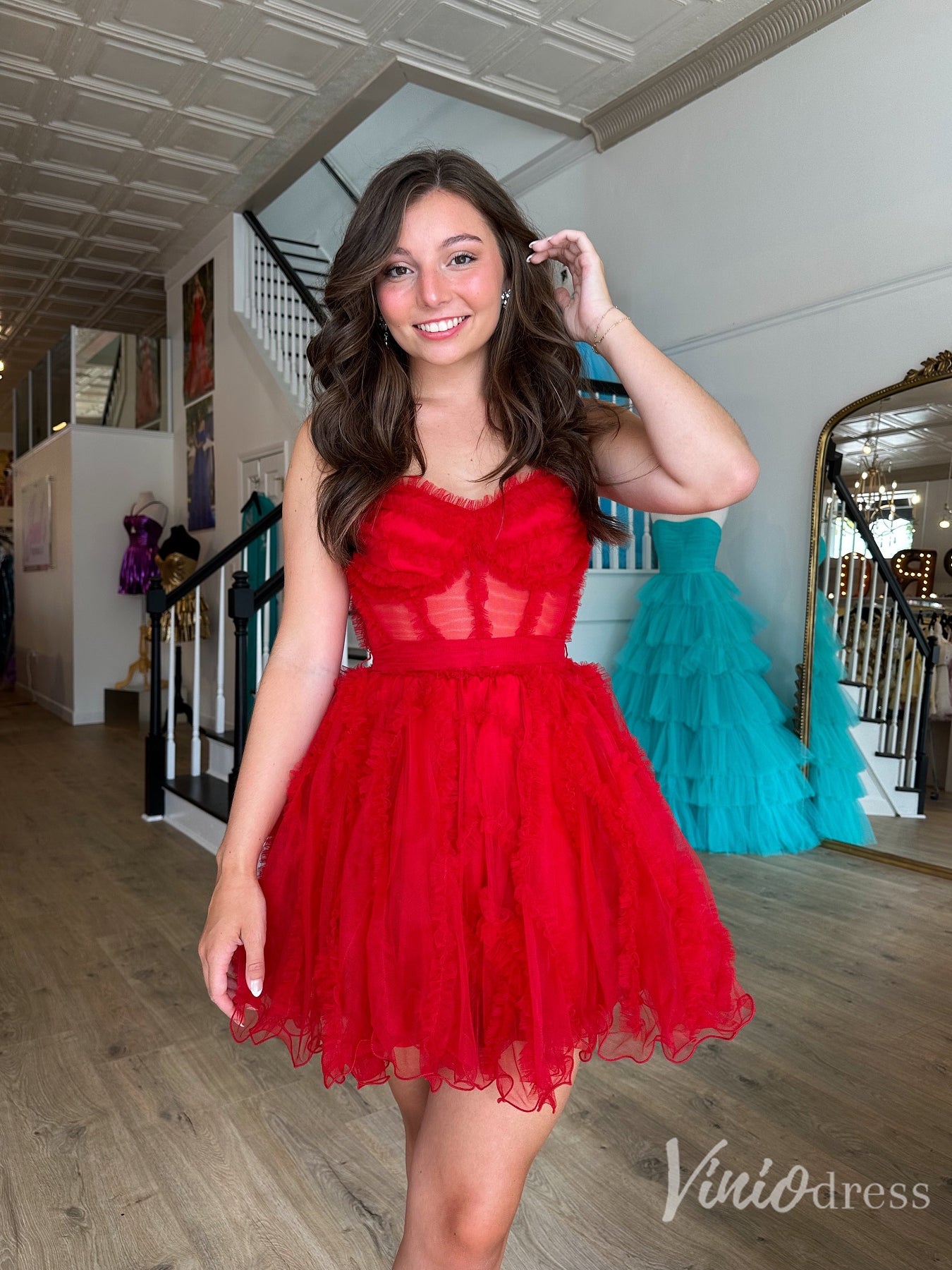 Red Strapless Ruffled Tulle Corset Homecoming Dress with Bow Back – Style SD1706-prom dresses 2025 -Viniodress-Red-Custom Size-