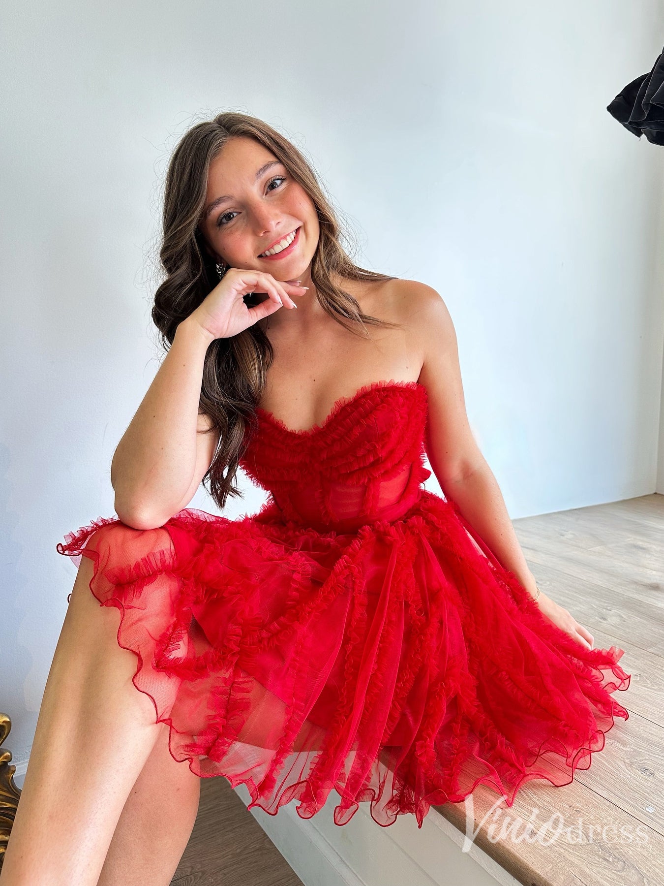 Red Strapless Ruffled Tulle Corset Homecoming Dress with Bow Back – Style SD1706-prom dresses 2025 -Viniodress-Red-Custom Size-