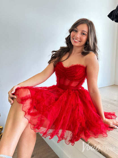 Red Strapless Ruffled Tulle Corset Homecoming Dress with Bow Back – Style SD1706-prom dresses 2025 -Viniodress-Red-Custom Size-