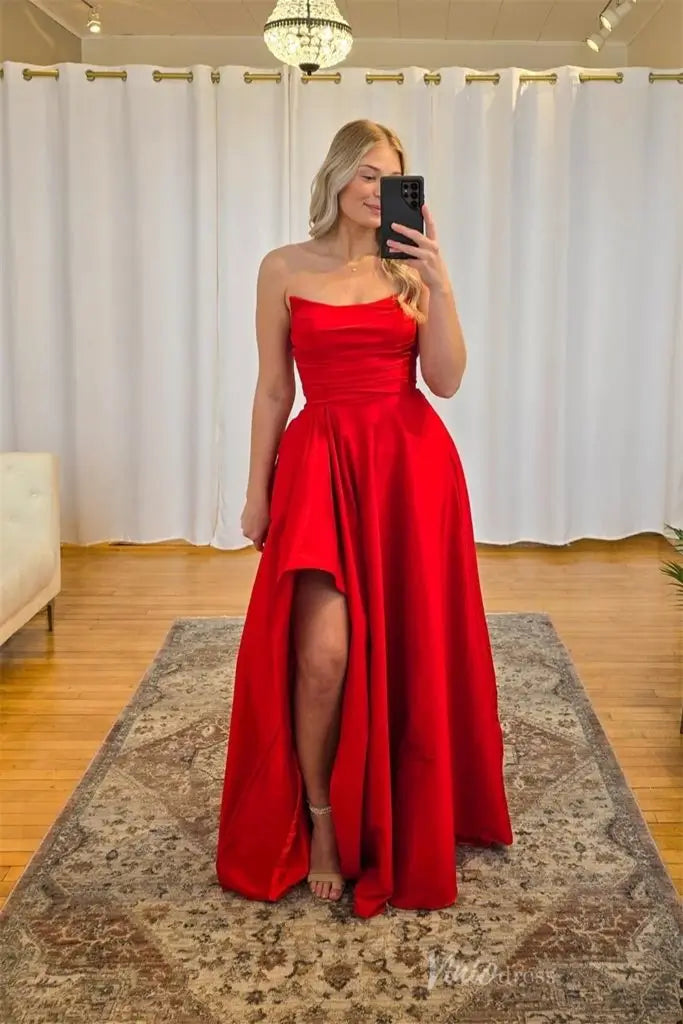 Red Strapless Satin Formal Dress with High Slit and Ruched Bodice – AS025-prom dresses 2025 -Viniodress-Red-Custom Size-