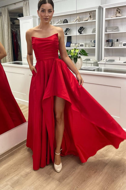 Red Strapless Satin Formal Dress with High Slit and Ruched Bodice AS Viniodress Red Strapless Satin Formal Dress with High Slit and Ruched Bodice AS Viniodress