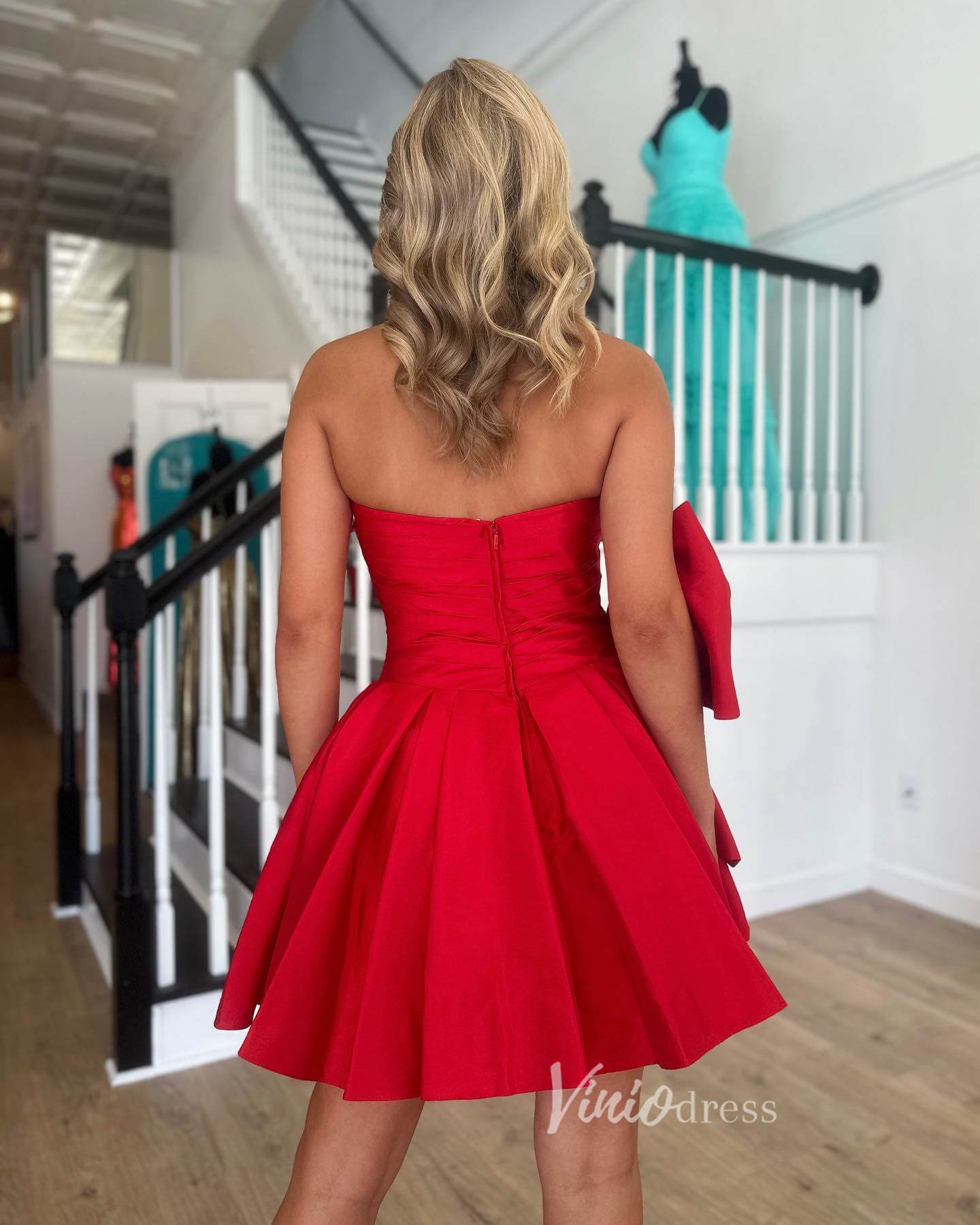 Red Strapless Satin Homecoming Dresses Bow-Tie Short Prom Dress SD1640-prom dresses 2025 -Viniodress-Red-Custom Size-