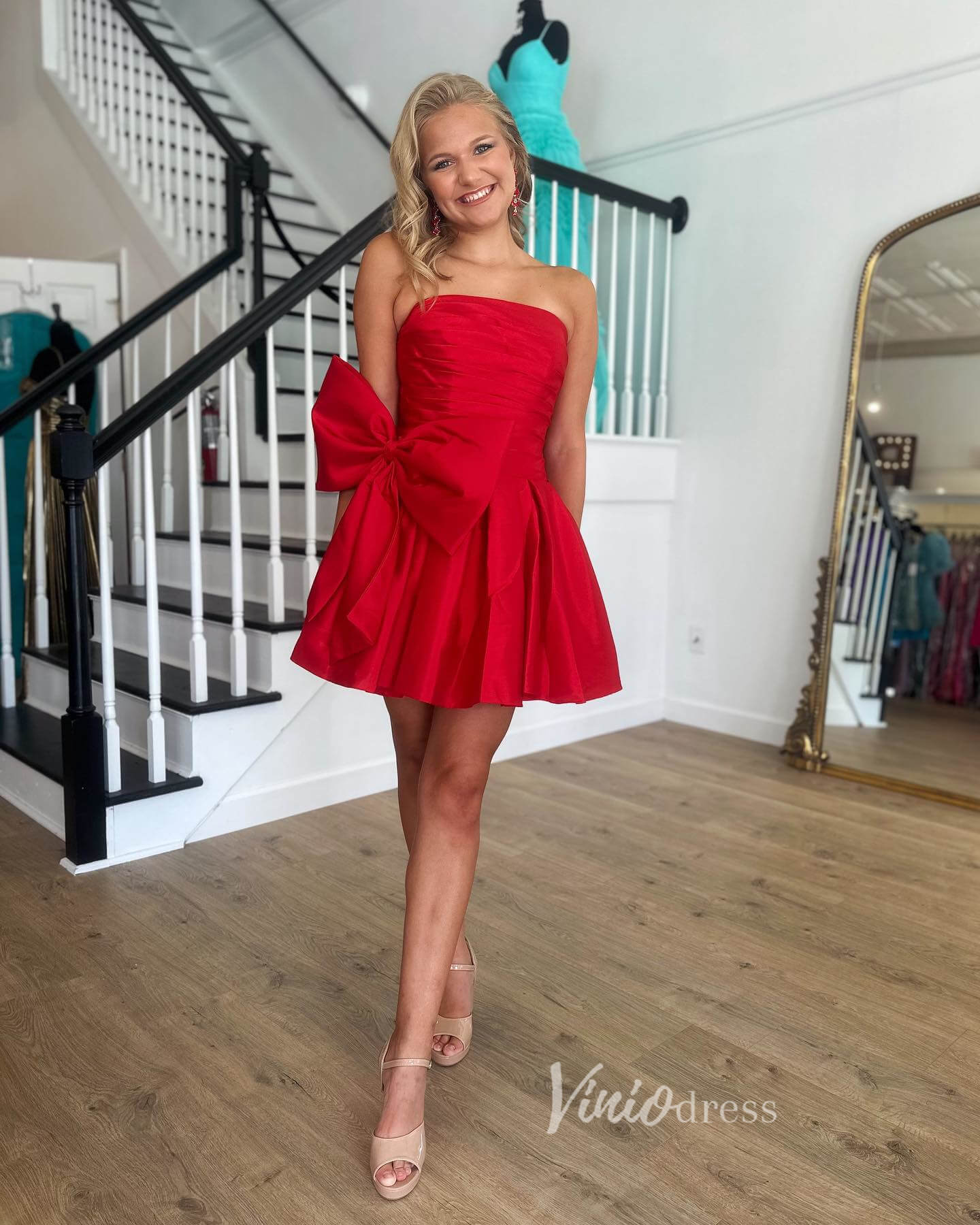 Red Strapless Satin Homecoming Dresses Bow-Tie Short Prom Dress SD1640-prom dresses 2025 -Viniodress-Red-Custom Size-