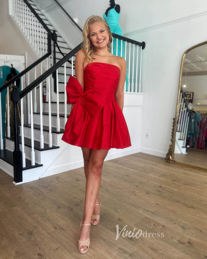 Red Strapless Satin Homecoming Dresses Bow-Tie Short Prom Dress SD1640-prom dresses 2025 -Viniodress-Red-Custom Size-