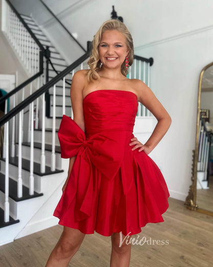 Red Strapless Satin Homecoming Dresses Bow-Tie Short Prom Dress SD1640-prom dresses 2025 -Viniodress-Red-Custom Size-