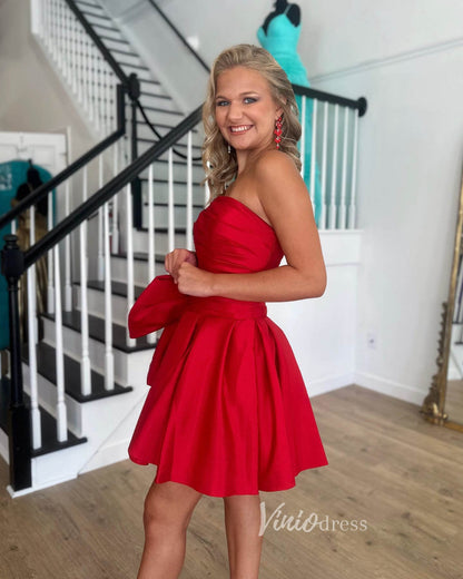 Red Strapless Satin Homecoming Dresses Bow-Tie Short Prom Dress SD1640-prom dresses 2025 -Viniodress-Red-Custom Size-