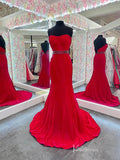 Red Strapless Satin Mermaid Prom Dresses Beaded Waist Evening Dress FD4005