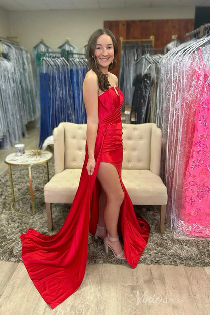 Red Strapless Satin Prom Dress with Plunging Neckline, Side Sash, High Slit – SS041-prom dresses 2025 -Viniodress-Red-Custom Size-