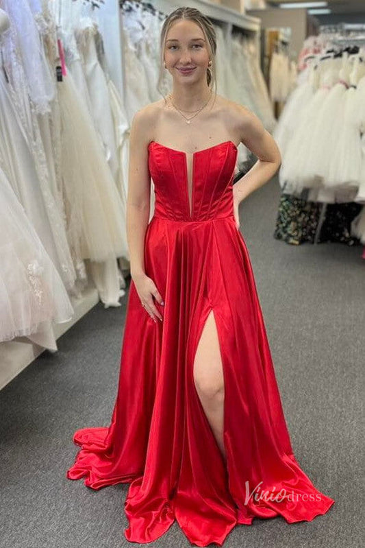 Red Strapless Satin Prom Dresses with Slit Boned Bodice Plunging V-Neck FD4002-prom dresses 2025 -Viniodress-Red-Custom Size-