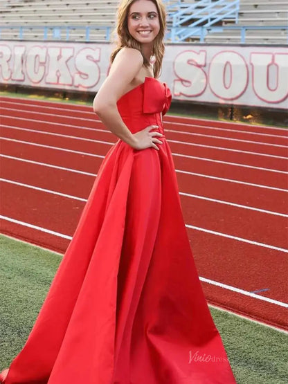 Red Strapless Satin Prom Dresses with Slit & Bow - FD5128-prom dresses 2025 -Viniodress-Red-Custom Size-