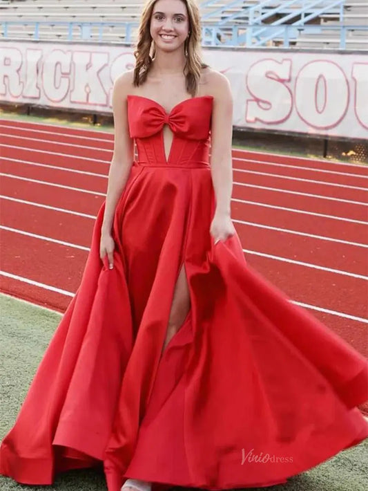 Red Strapless Satin Prom Dresses with Slit & Bow - FD5128-prom dresses 2025 -Viniodress-Red-Custom Size-