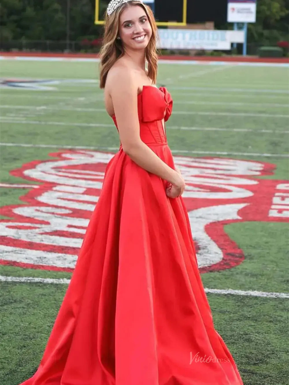 prom dresses 2025 Red Strapless Satin Prom Dresses with Slit & Bow - FD5128-plus size wedding dresses Viniodress-Red-Custom Size-