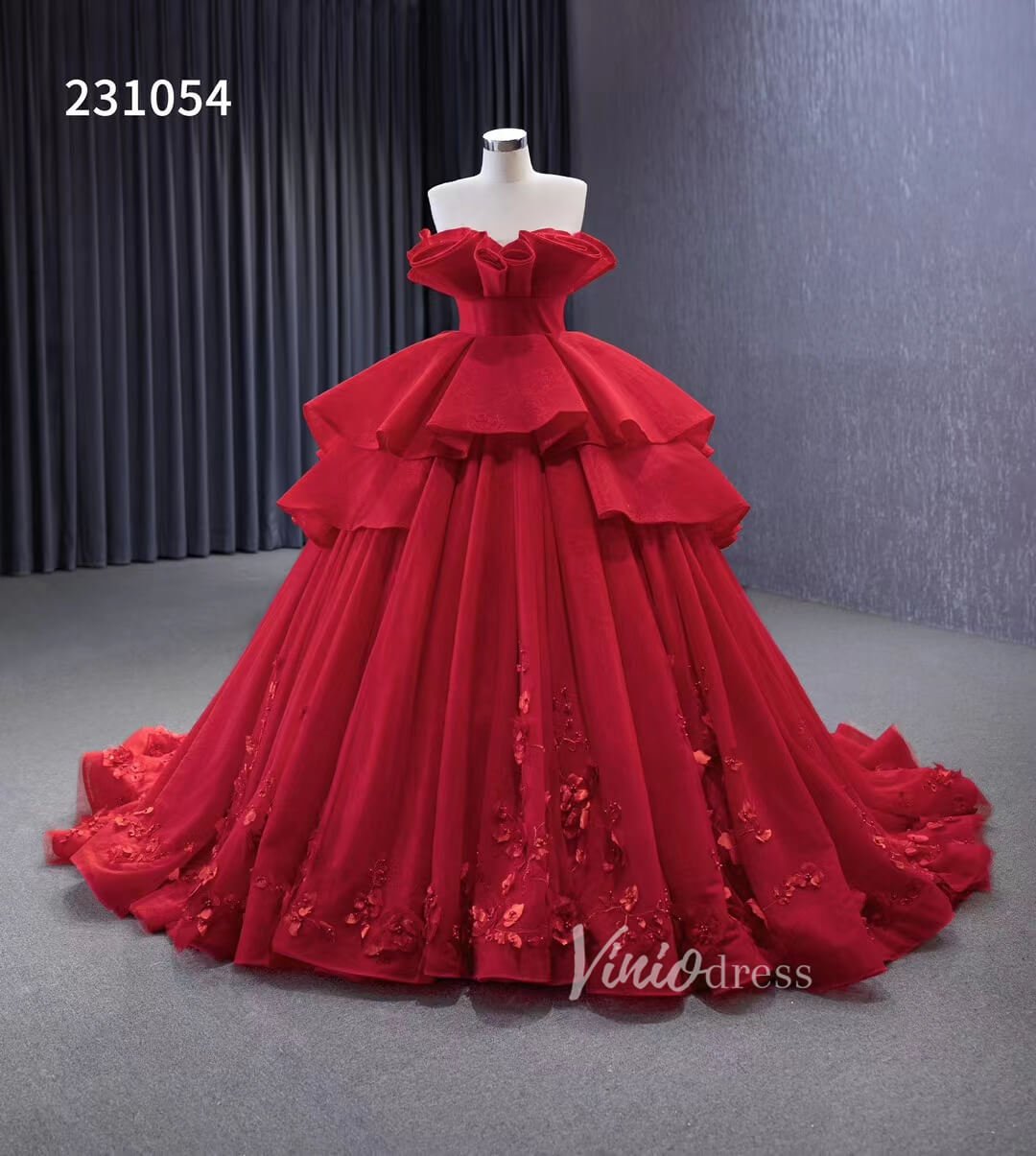 Red Strapless Sweet 16 Ball Gowns Ruffled Wedding Dresses with Flowers 231054-Quinceanera Dresses 2025 -Viniodress-Red-Custom Size-