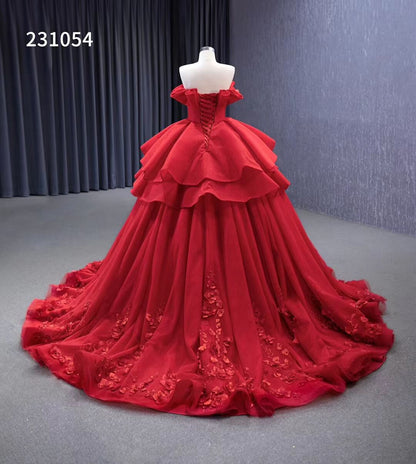 Red Strapless Sweet 16 Ball Gowns Ruffled Wedding Dresses with Flowers 231054-Quinceanera Dresses 2025 -Viniodress-Red-Custom Size-
