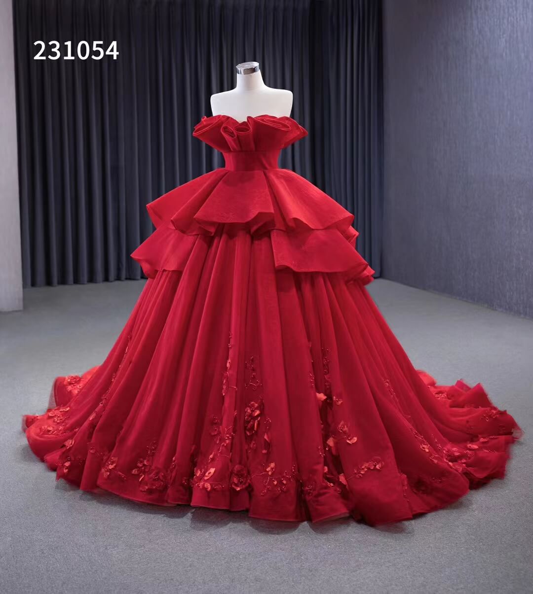 Red Strapless Sweet 16 Ball Gowns Ruffled Wedding Dresses with Flowers 231054-Quinceanera Dresses 2025 -Viniodress-Red-Custom Size-