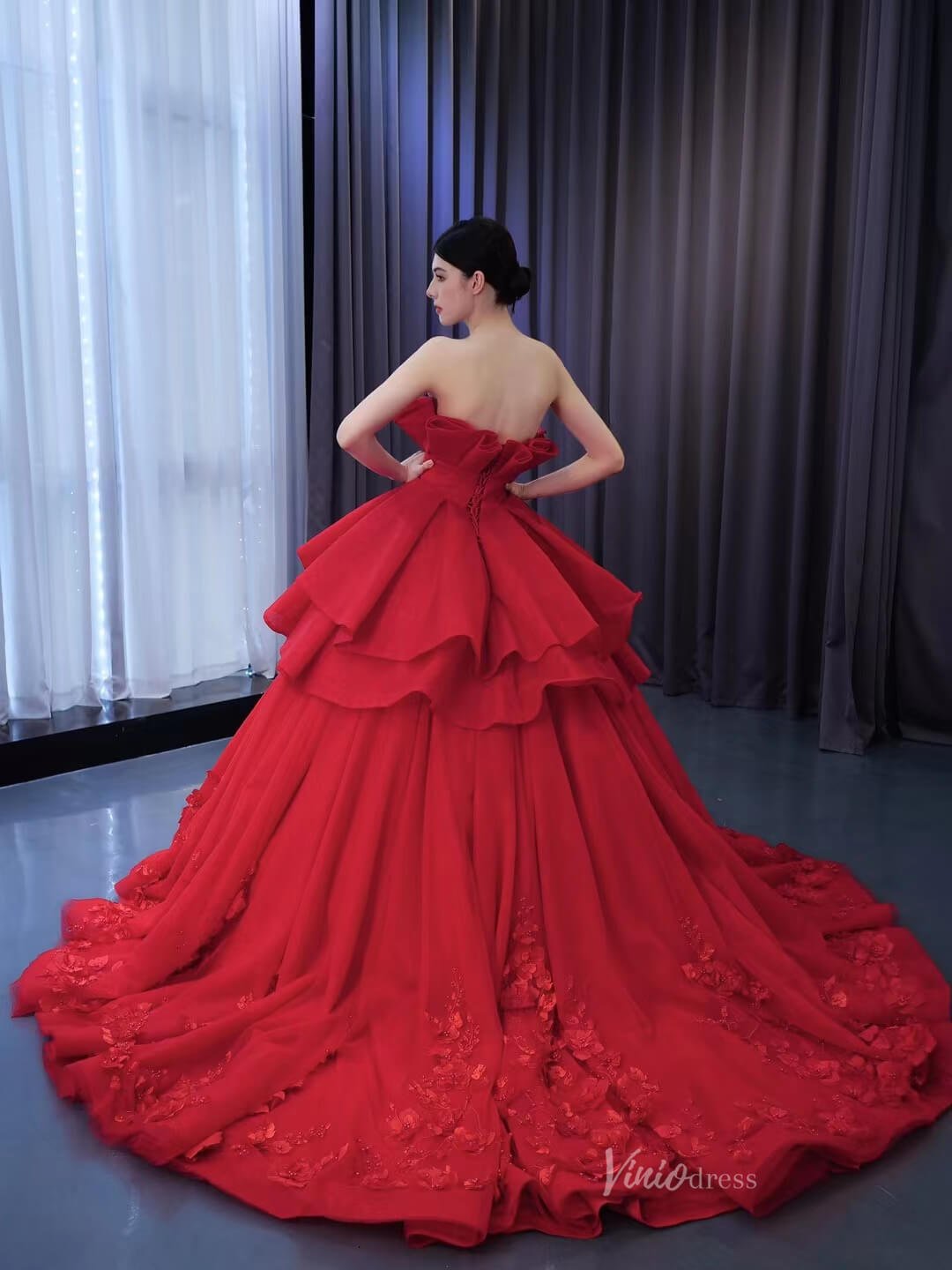 Red Strapless Sweet 16 Ball Gowns Ruffled Wedding Dresses with Flowers 231054 - ViniodressQuinceanera DressesRedCustom Size - Formal Dresses - Ball Gowns