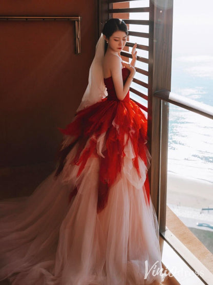 Red Strapless Tiered Ruffled Prom Dresses Sweetheart Tulle Ball Gown AD1319-prom dresses 2025 -Viniodress-Red-Custom Size-