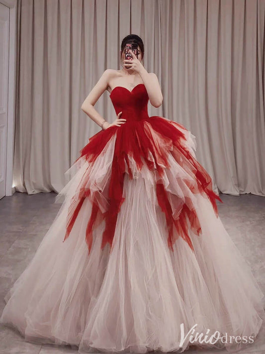 Red Strapless Tiered Ruffled Prom Dresses Sweetheart Tulle Ball Gown AD1319-prom dresses 2025 -Viniodress-Red-Custom Size-