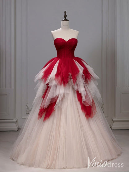 Red Strapless Tiered Ruffled Prom Dresses Sweetheart Tulle Ball Gown AD1319-prom dresses 2025 -Viniodress-Red-Custom Size-