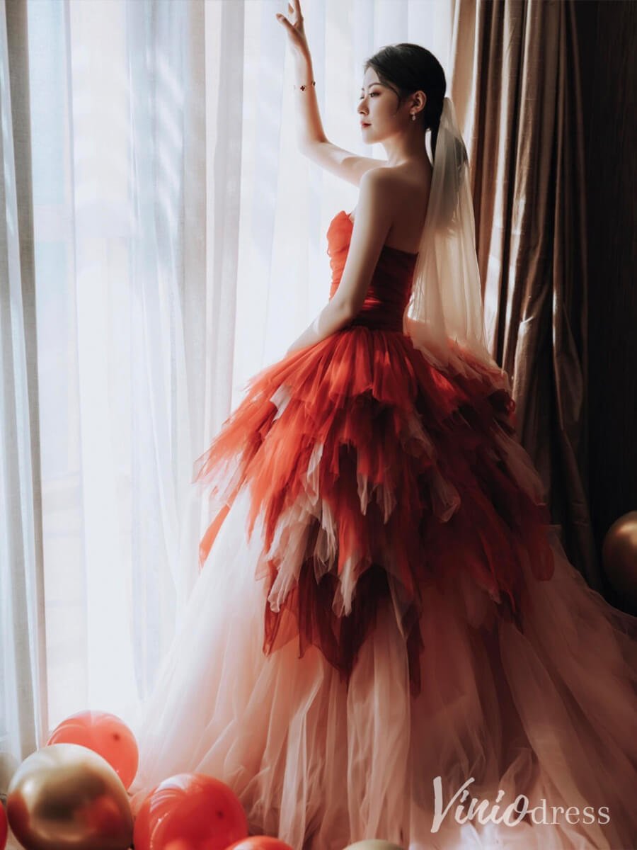 Red Strapless Tiered Ruffled Prom Dresses Sweetheart Tulle Ball Gown AD1319-prom dresses 2025 -Viniodress-Red-Custom Size-