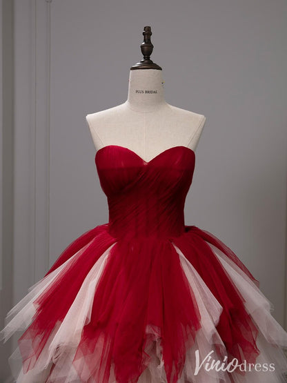 Red Strapless Tiered Ruffled Prom Dresses Sweetheart Tulle Ball Gown AD1319-prom dresses 2025 -Viniodress-Red-Custom Size-