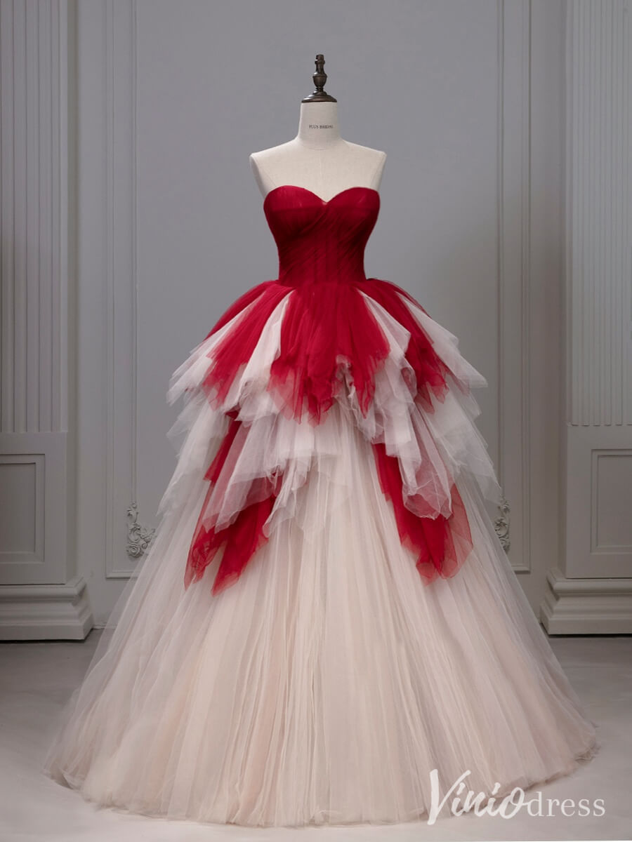 Red Strapless Tiered Ruffled Prom Dresses Sweetheart Tulle Ball Gown AD1319-prom dresses-Viniodress-Viniodress