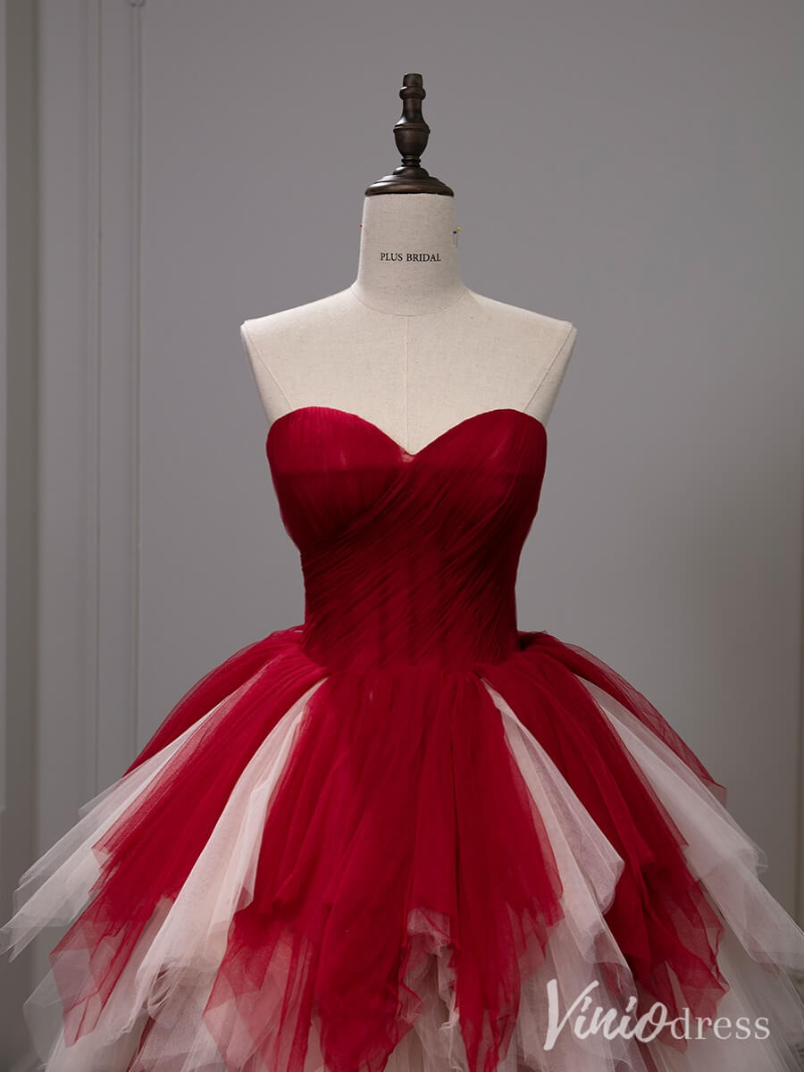 Red Strapless Tiered Ruffled Prom Dresses Sweetheart Tulle Ball Gown AD1319-prom dresses-Viniodress-Viniodress