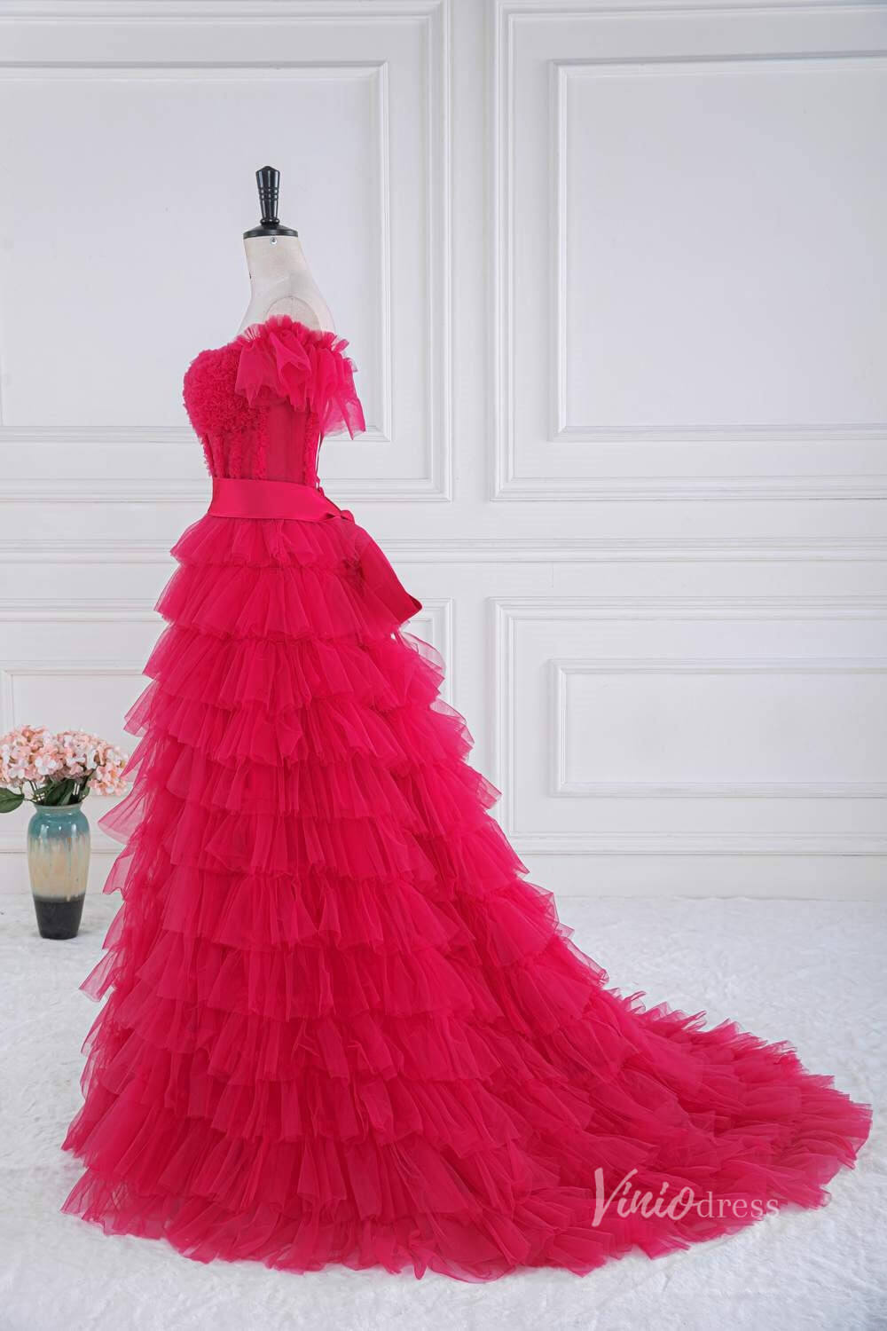 Red Tiered Ruffle Off the Shoulder Prom Dresses with Slit Bow Tie