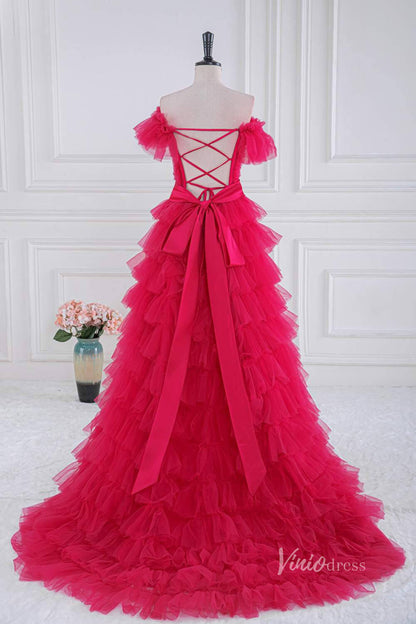 Red Tiered Ruffle Off the Shoulder Prom Dresses with Slit Bow Tie Back FD4034B-prom dresses 2025 -Viniodress-Red-Custom Size-