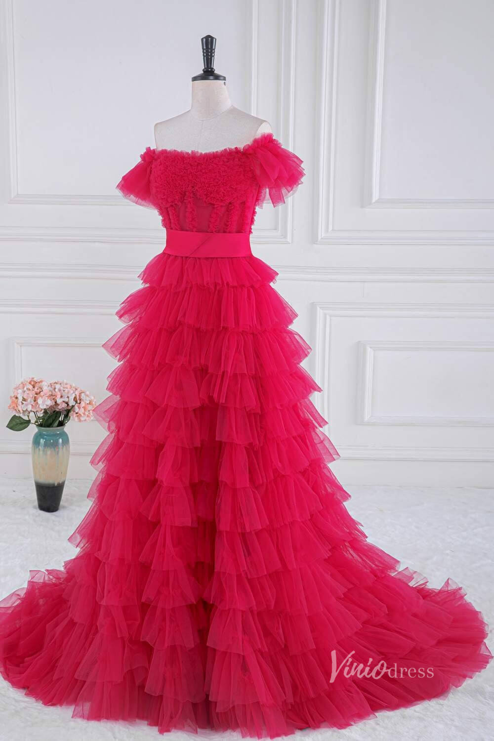 Red Tiered Ruffle Off the Shoulder Prom Dresses with Slit Bow Tie Back FD4034B-prom dresses-Viniodress-Red-Custom Size-Viniodress