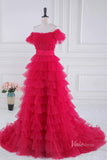 Red Tiered Ruffle Off the Shoulder Prom Dresses with Slit Bow Tie Back FD4034B