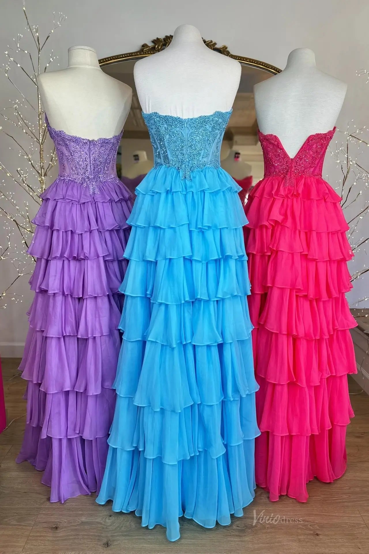 Red Tiered Ruffle Prom Dress with Beaded Lace Corset Bodice, Choker Scarf & Slit – RF325-prom dresses 2026-Viniodress-Red-Dress Only-Custom Size – Add Measurements in Cart