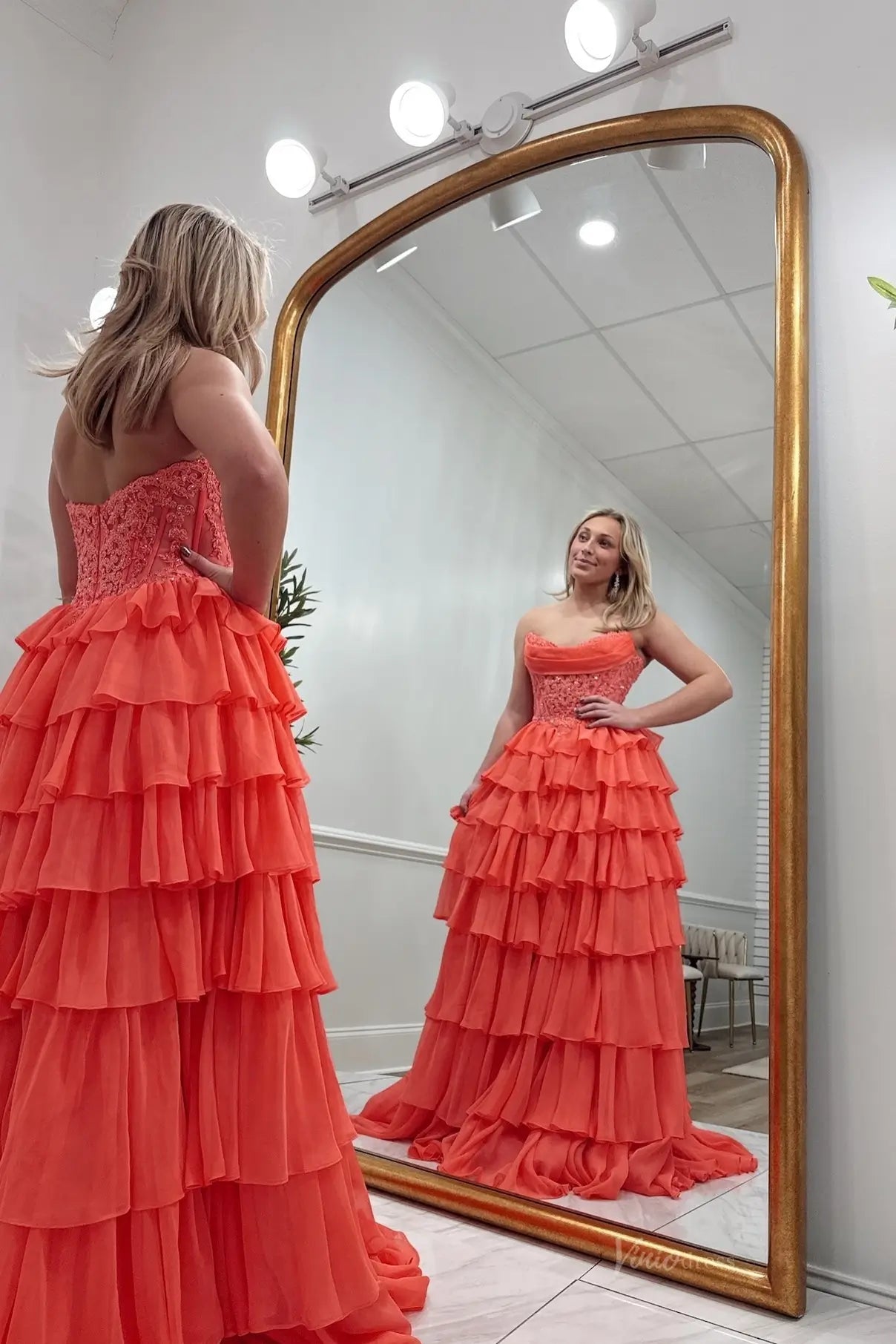 Red Tiered Ruffle Prom Dress with Beaded Lace Corset Bodice, Choker Scarf & Slit – RF325-prom dresses 2026-Viniodress-Red-Dress Only-Custom Size – Add Measurements in Cart