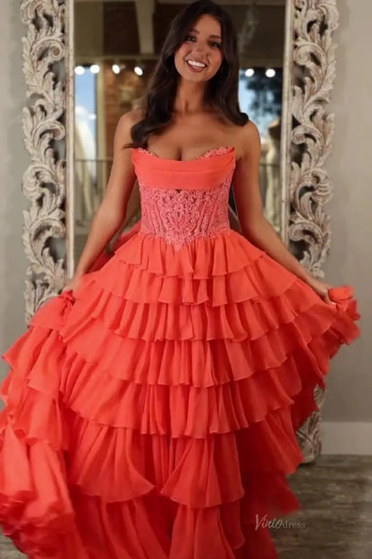 Red Tiered Ruffle Prom Dress with Beaded Lace Corset Bodice, Choker Scarf & Slit – RF325-prom dresses 2026-Viniodress-Red-Dress Only-Custom Size – Add Measurements in Cart