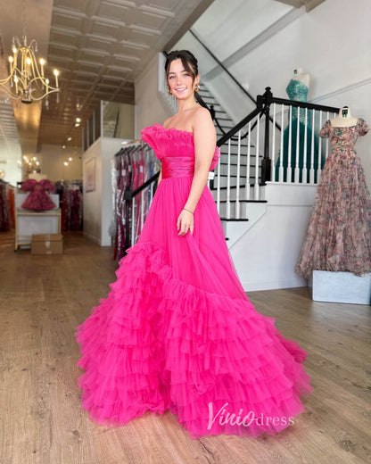 Red Tiered Ruffle Prom Dresses Strapless Formal Gown FD3633-prom dresses 2025 -Viniodress-Red-Custom Size-