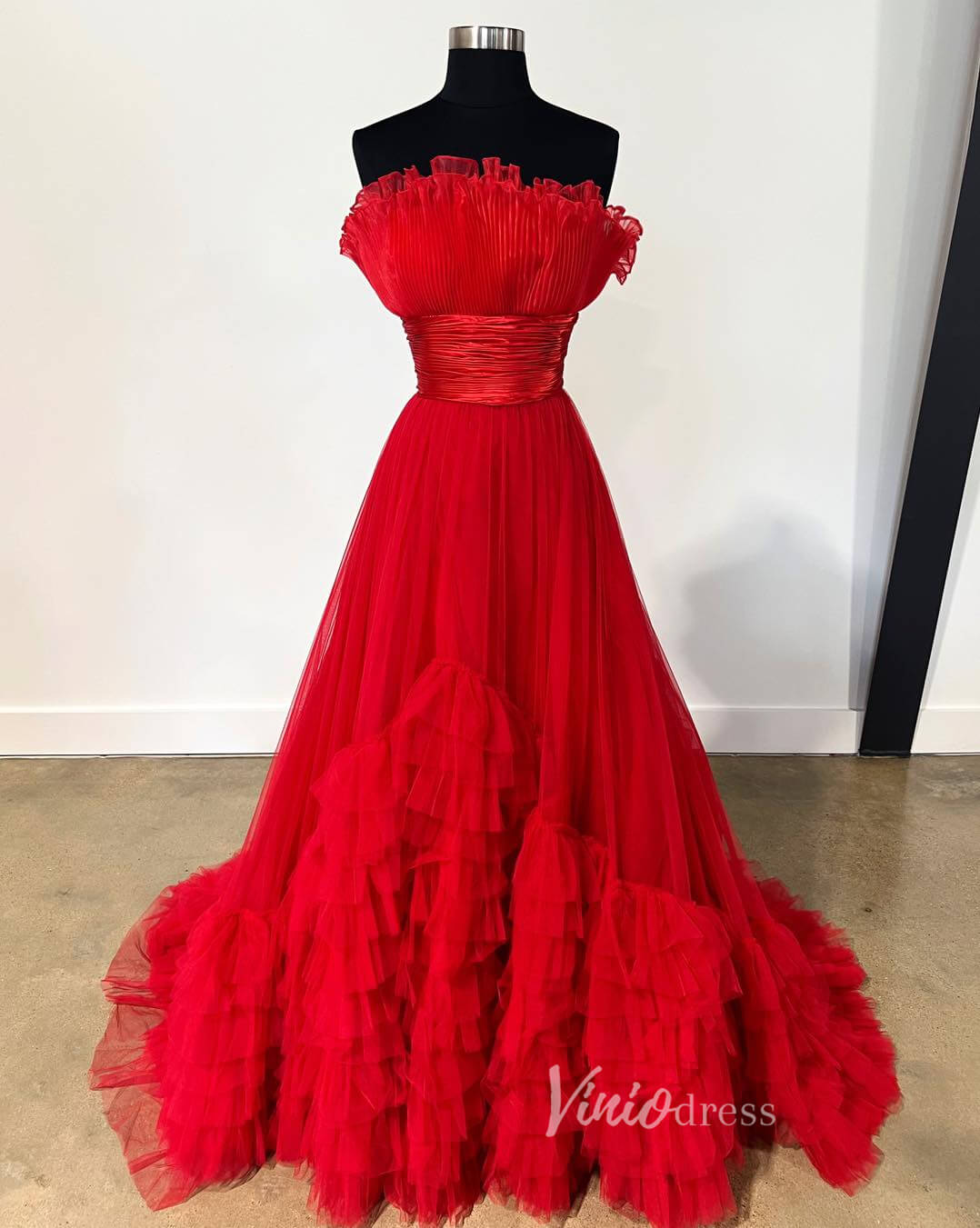 Red Tiered Ruffle Prom Dresses Strapless Formal Gown FD3633-prom dresses 2025 -Viniodress-Red-Custom Size-