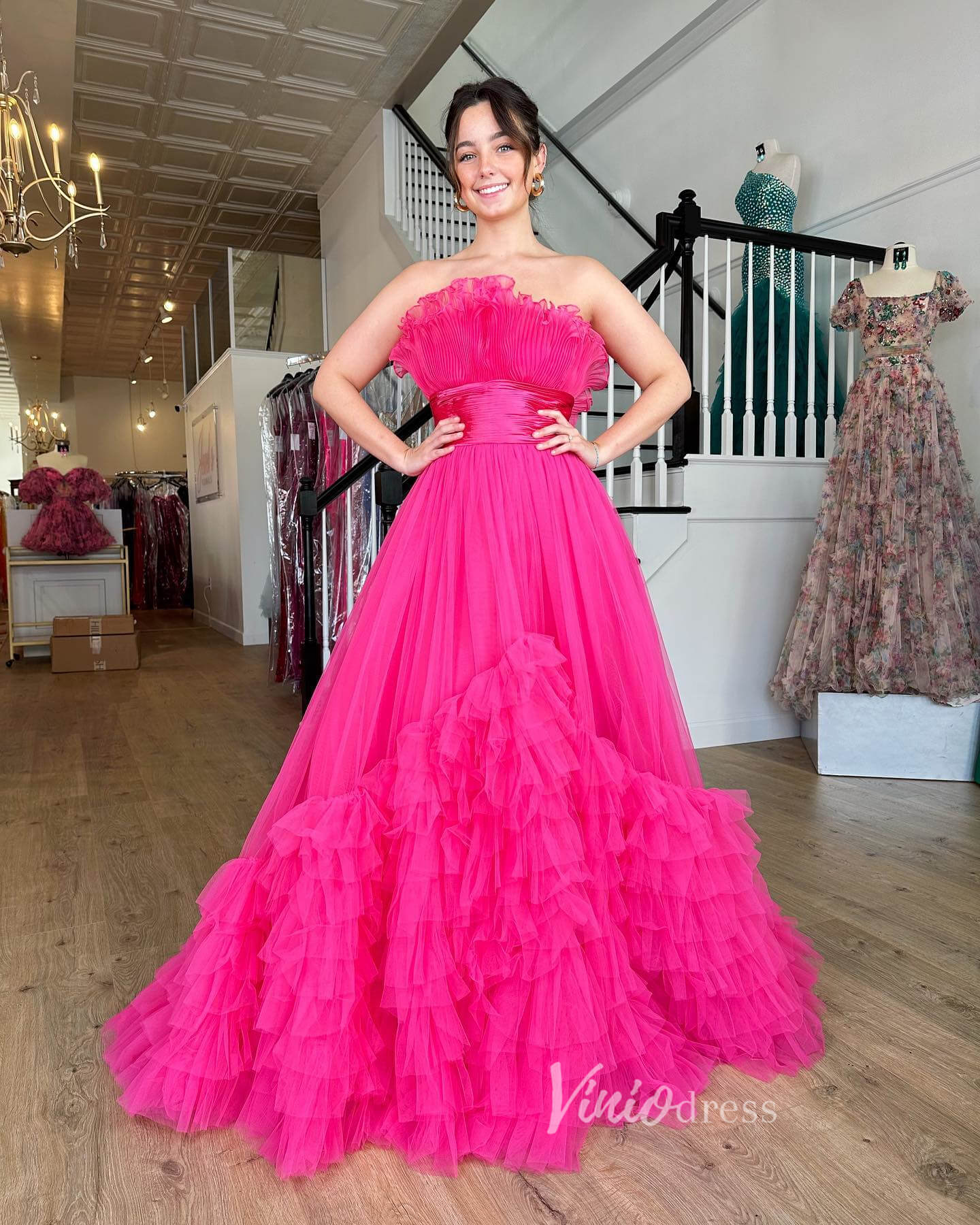 Red Tiered Ruffle Prom Dresses Strapless Formal Gown FD3633-prom dresses 2025 -Viniodress-Fuchsia-Custom Size-