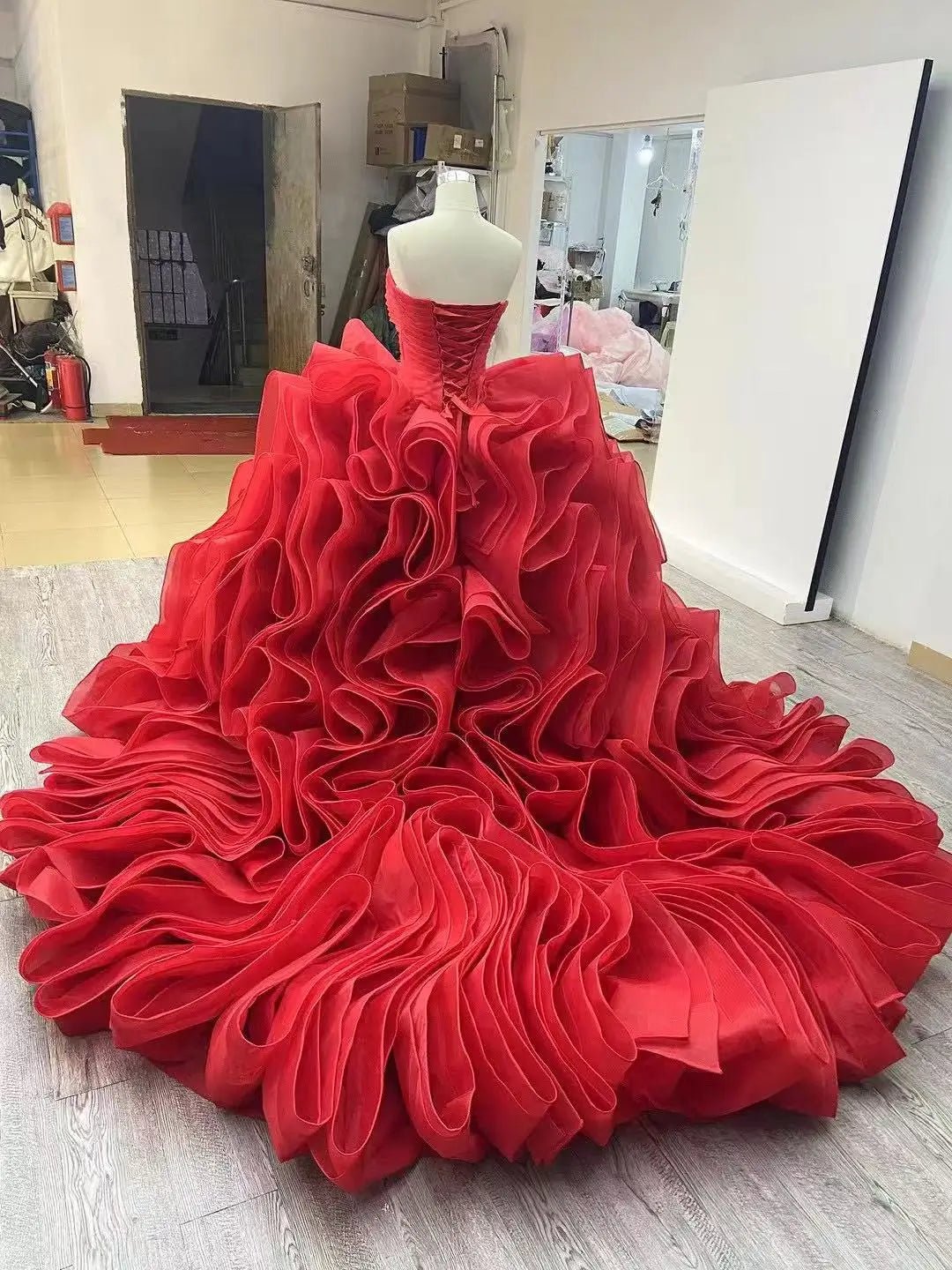 Red Tiered Ruffled Wedding Gowns Strapless Sweetheart Neck Quince Dress 241074-Quinceanera Dresses 2025 -Viniodress-Red-Custom Size-