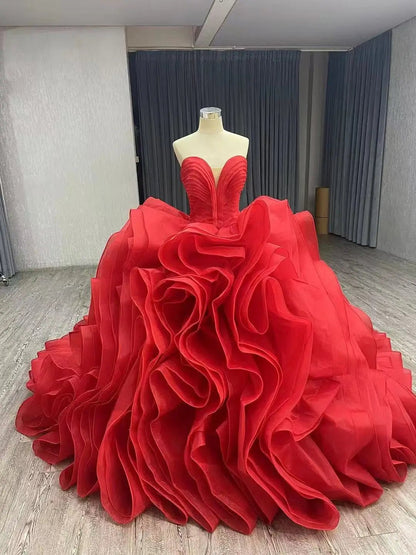 Red Tiered Ruffled Wedding Gowns Strapless Sweetheart Neck Quince Dress 241074-Quinceanera Dresses 2025 -Viniodress-Red-Custom Size-