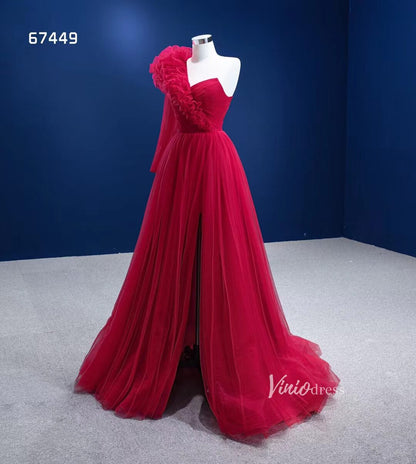 Red Tulle Formal Dress One Shoulder Long Sleeve Prom Dresses 67449-prom dresses 2025 -Viniodress-Red-Custom Size-