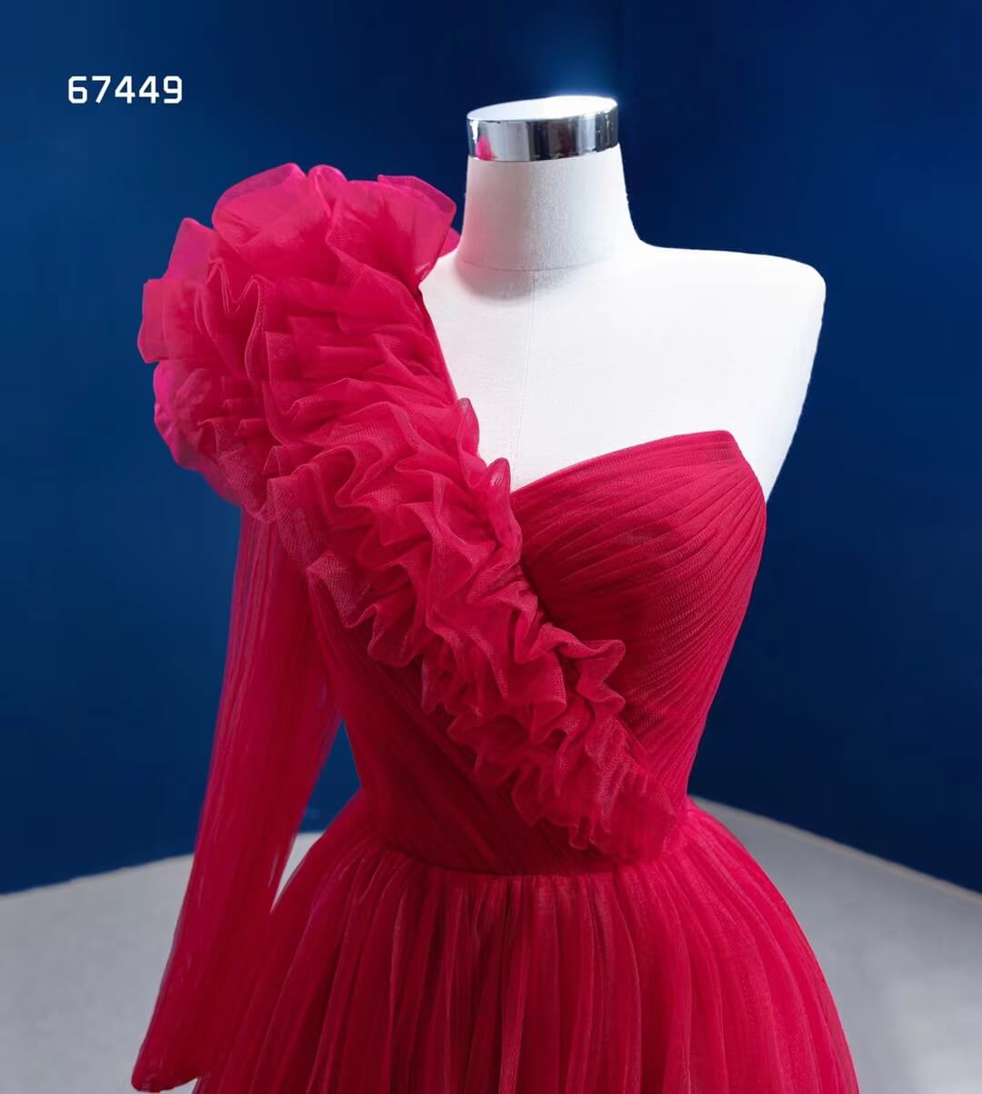 Red Tulle Formal Dress One Shoulder Long Sleeve Prom Dresses 67449-prom dresses 2025 -Viniodress-Red-Custom Size-