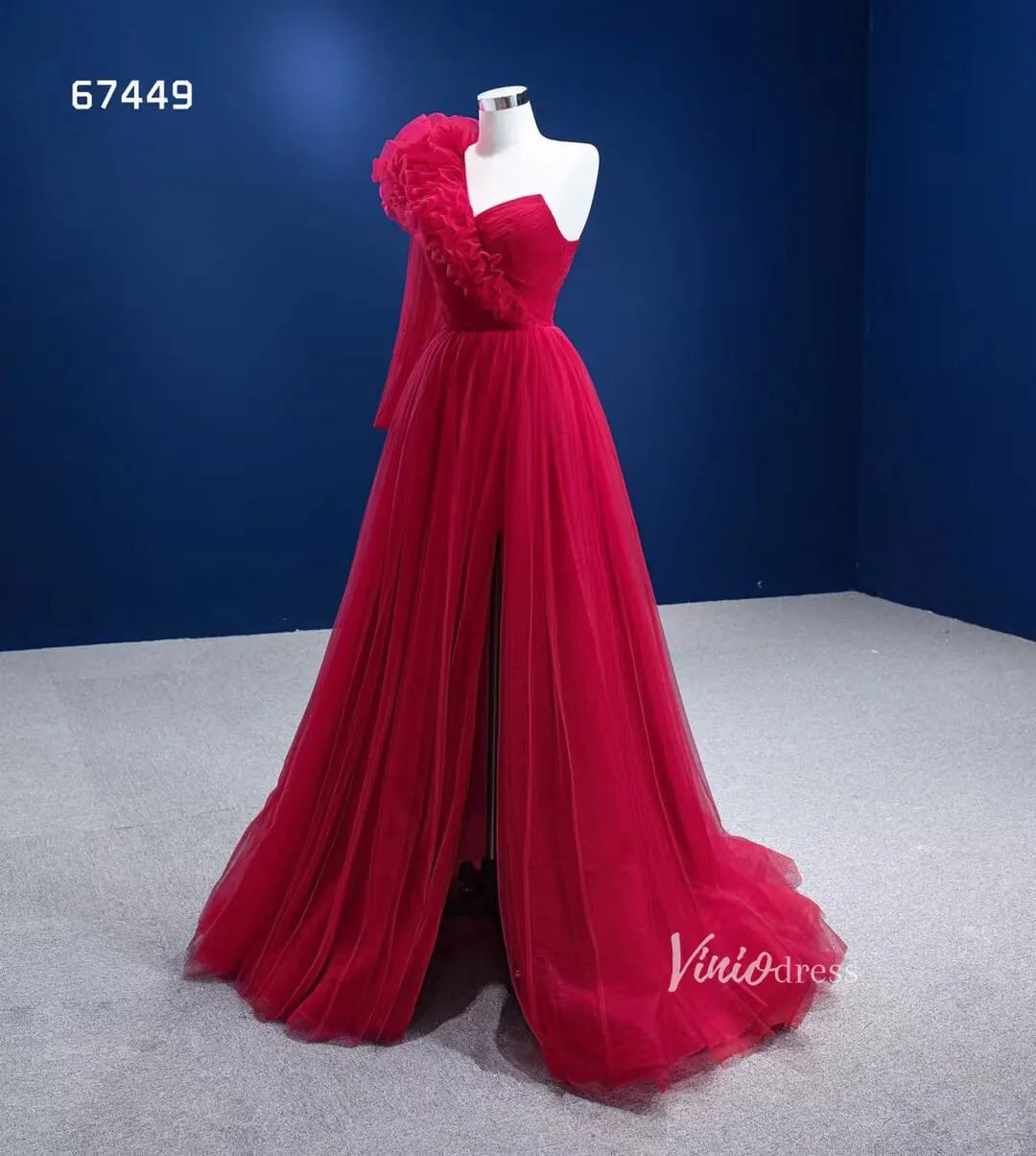 Red Tulle Formal Dress One Shoulder Long Sleeve Prom Dresses 67449-prom dresses 2025 -Viniodress-Red-Custom Size-
