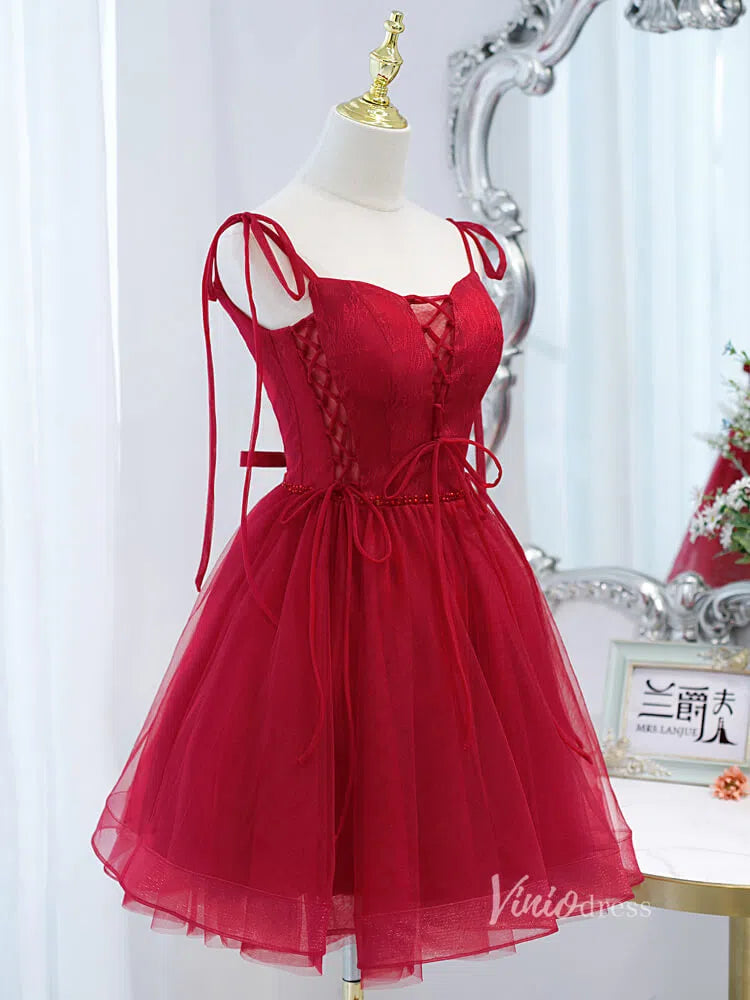 Red Tulle Homecoming Dresses Spaghetti Strap Party Dress SD1407-Homecoming Dresses 2025 -Viniodress-Red-Custom Size-