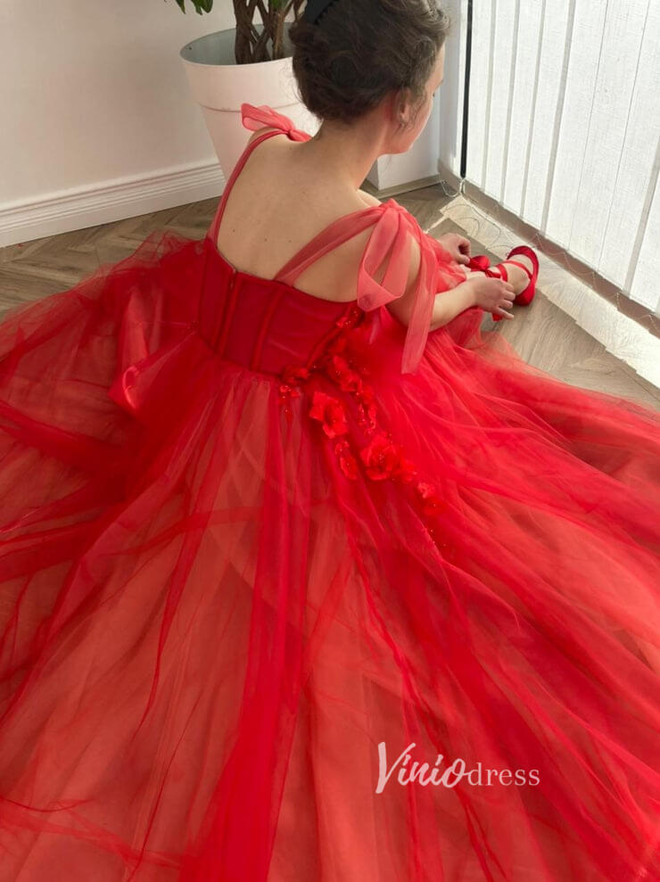 Prom Dress 2025 Red Tulle Prom Dresses 3D flower Long Formal Dress FD2777-unique prom dresses-Red-Custom Size-Viniodress