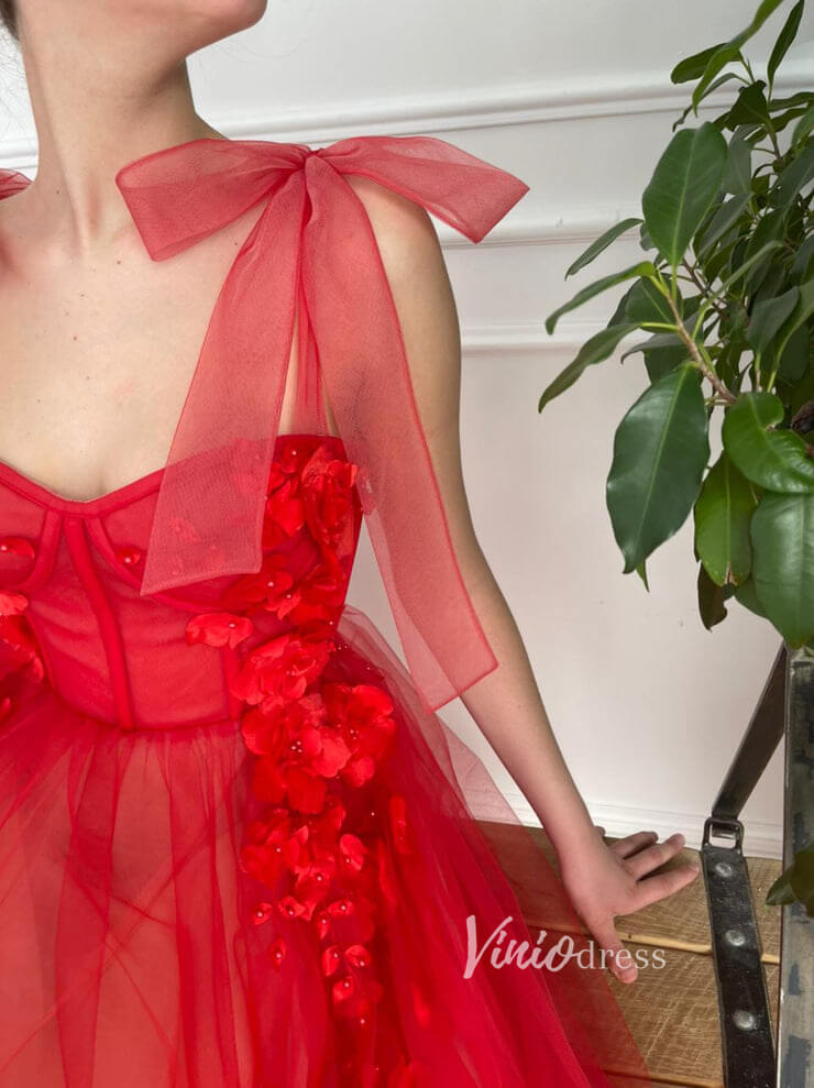 Prom Dress 2025 Red Tulle Prom Dresses 3D flower Long Formal Dress FD2777-unique prom dresses-Red-Custom Size-Viniodress