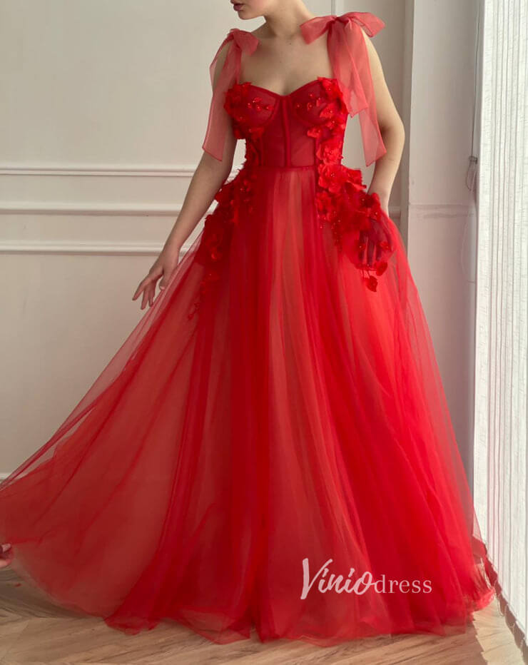 Prom Dress 2025 Red Tulle Prom Dresses 3D flower Long Formal Dress FD2777-unique prom dresses-Red-Custom Size-Viniodress